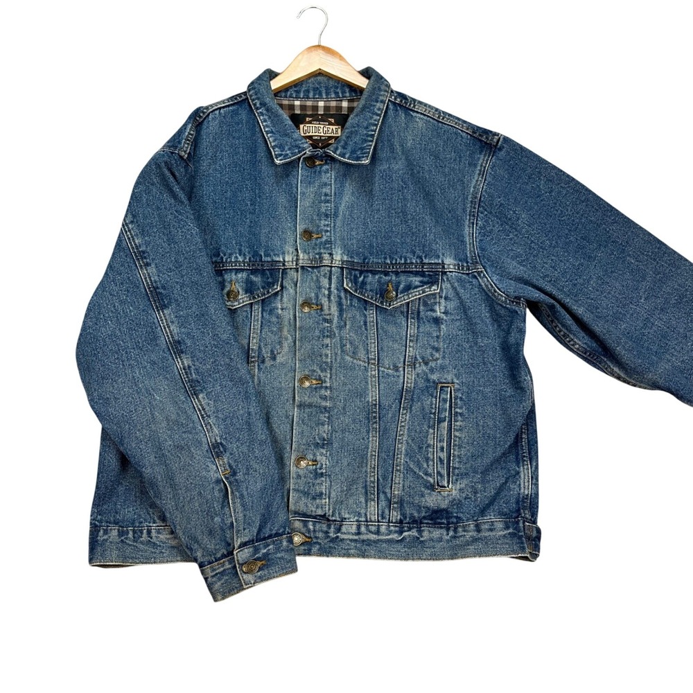 VTG Guide Gear Jacket Men 2XL Blue Long Sleeve Flannel Lined Denim Trucker Twill